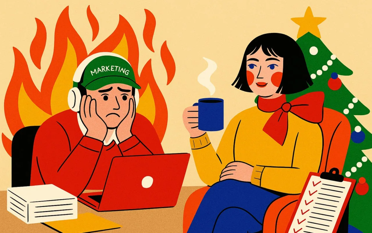 Two people in a cozy office discussing marketing work with a laptop and checklist on a desk