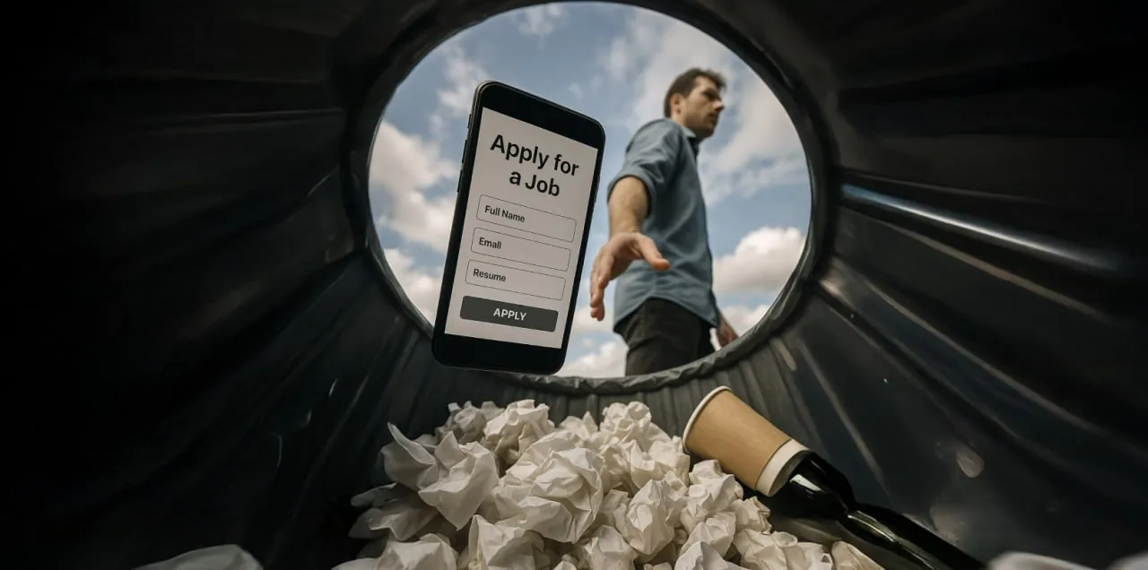 Discarded phone showing an apply for a job form, with crumpled paper in a bin and a man in the background Discarded phone showing an apply for a job form, with crumpled paper in a bin and a man in the background