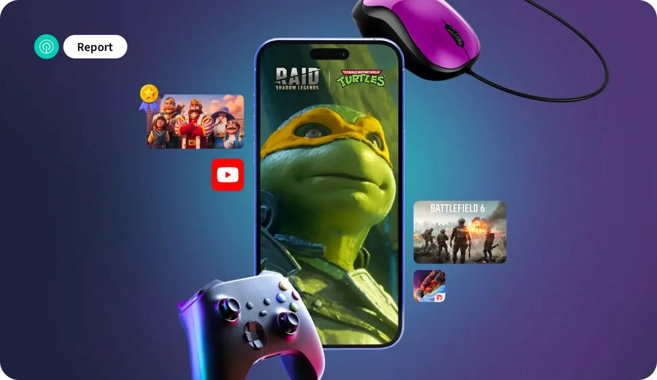 Smartphone showing a turtle-themed mobile game surrounded by gaming elements, representing UGC creator partnerships for game launches Smartphone showing a turtle-themed mobile game surrounded by gaming elements, representing UGC creator partnerships for game launches