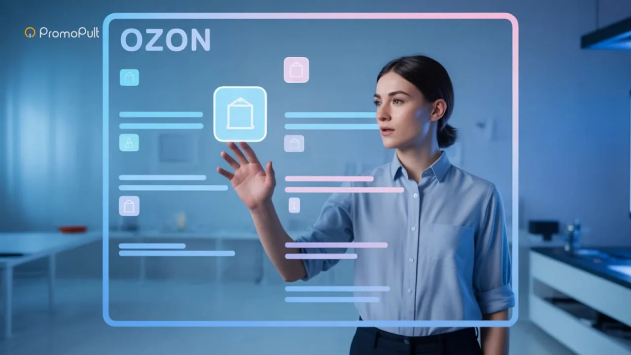 Woman using a holographic interface with PromoPult and OZON logos in an office setting