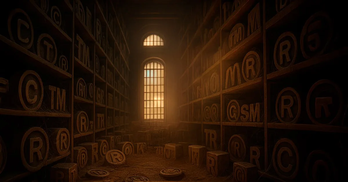 Dark archive-like room with shelves of trademark symbols and letters, suggesting structured assets for game marketing strategy