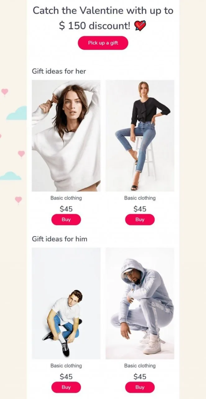 Valentine’s Day clothing sale promo with gift ideas and discounts for her and him