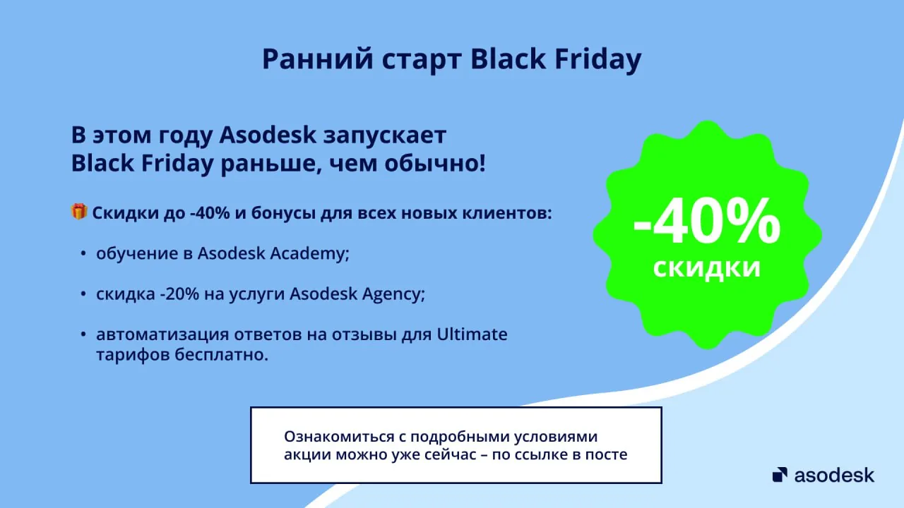 Promotional Black Friday banner in Russian mentioning Asodesk offers and discounts for new clients