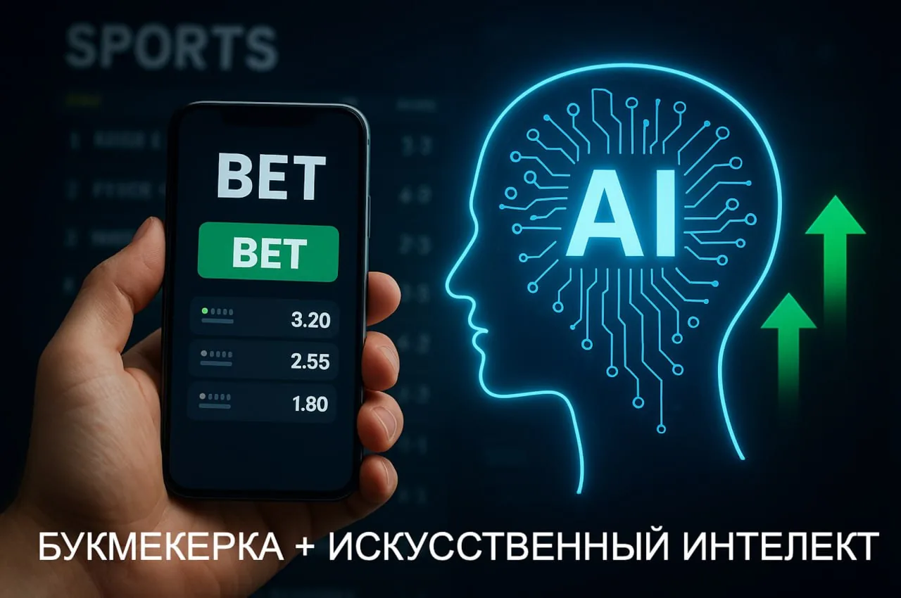 Hand holding a sports betting app on a smartphone with an AI head graphic in the background Hand holding a sports betting app on a smartphone with an AI head graphic in the background