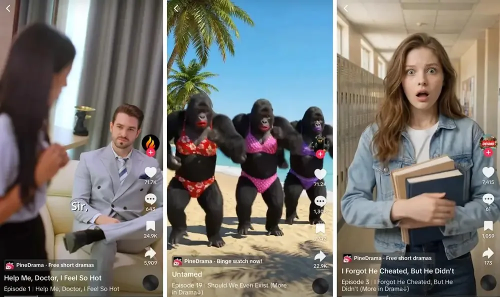 Promotional graphic for a PineDrama mobile app featuring free short drama episodes