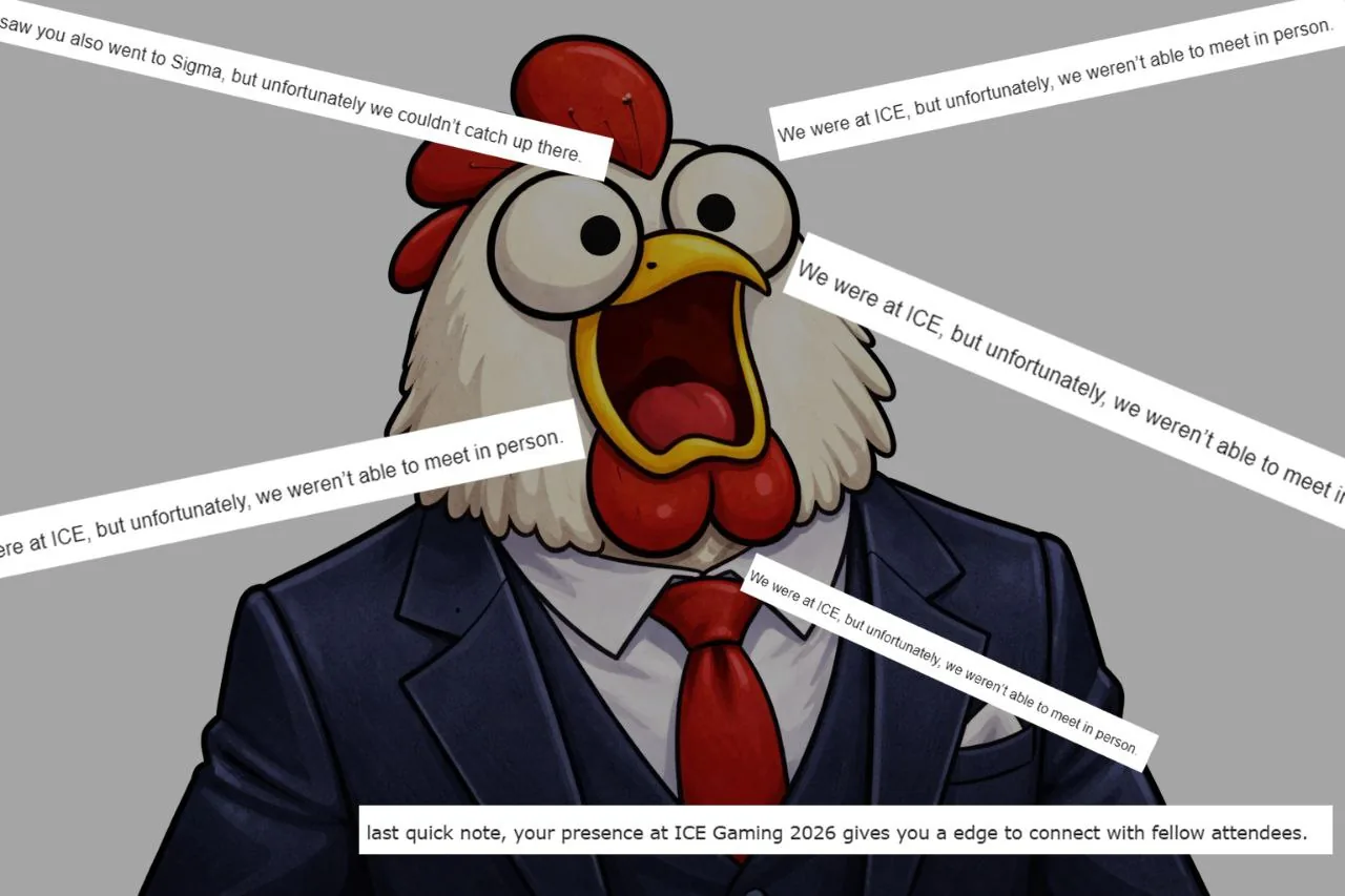 Promotional photo with partially readable text about meeting people at ICE Gaming 2026