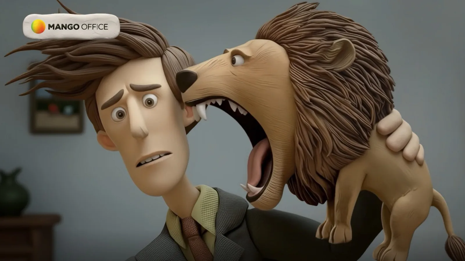 Clay-style man in a suit with an angry lion on his shoulder next to a MANGO OFFICE logo