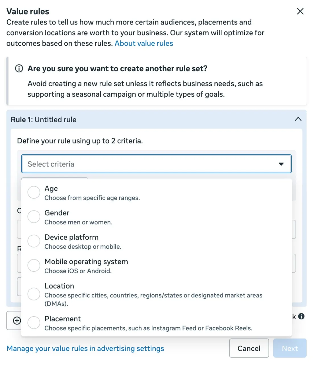 Advertising platform screen showing value rules for audiences, placements and conversion locations