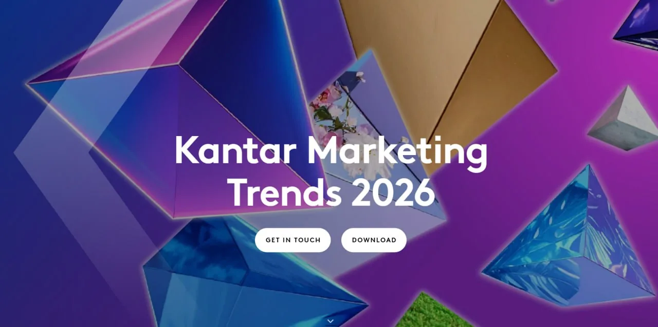 Abstract geometric hero graphic with the text “Kantar Marketing Trends 2026” and buttons labeled Get in touch and Download