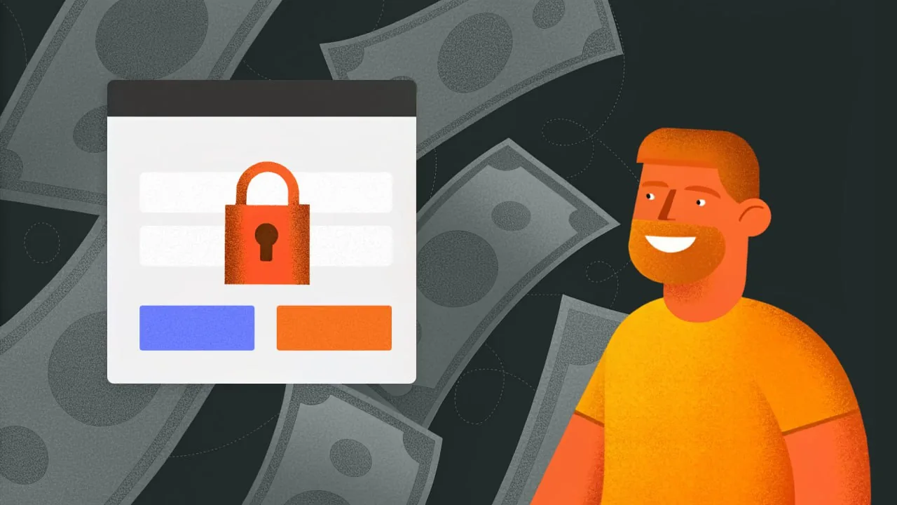 Illustration of a smiling man next to a lock icon panel over dollar bills, suggesting secure, profitable influencer partnerships
