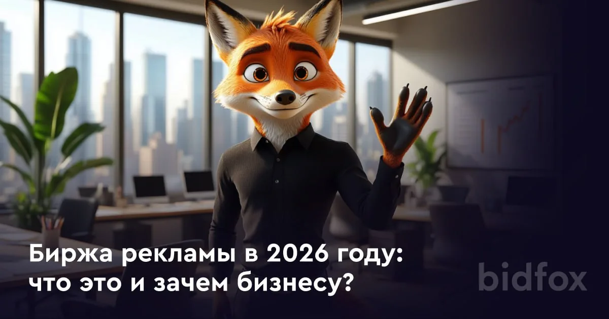 Cartoon fox mascot waving in a modern office with city view and Russian headline about advertising in 2026