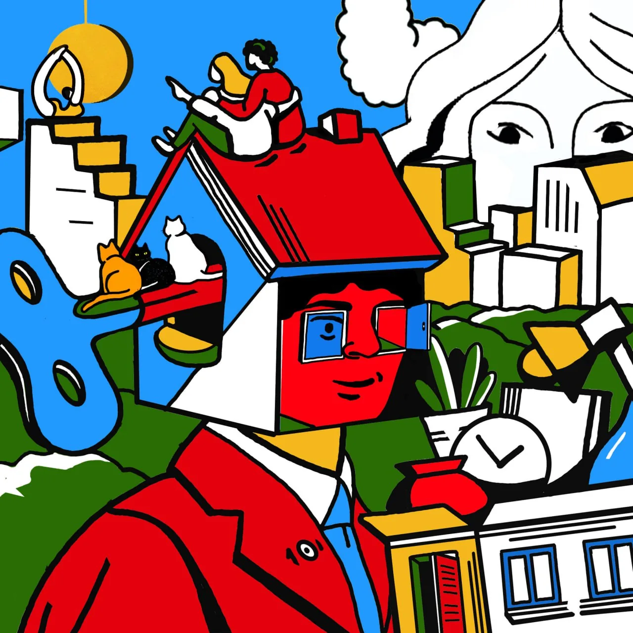 Playful illustration of a red character in a city scene with cars and cats, used as a decorative hero for gaming marketing attribution content