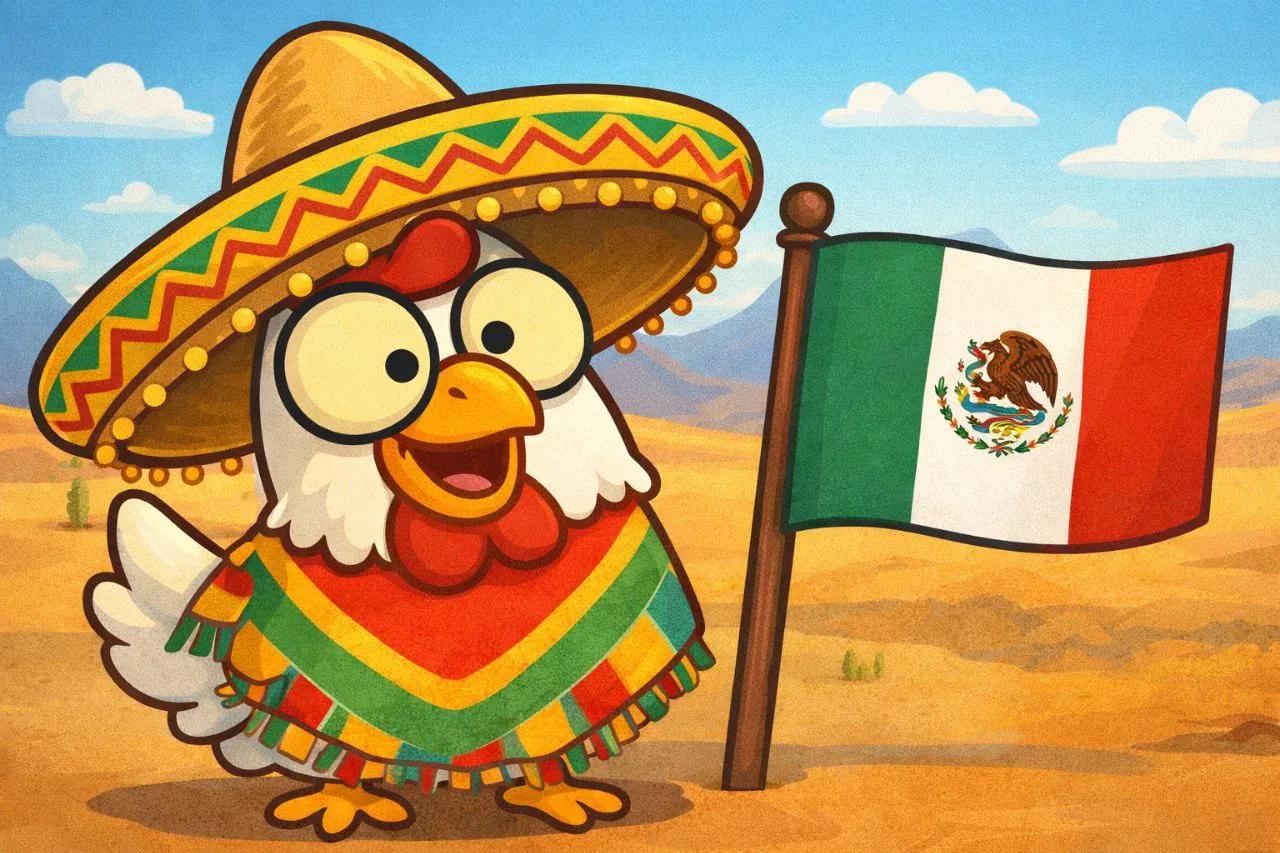 Cartoon chicken wearing a sombrero and poncho standing in a desert beside a Mexican flag