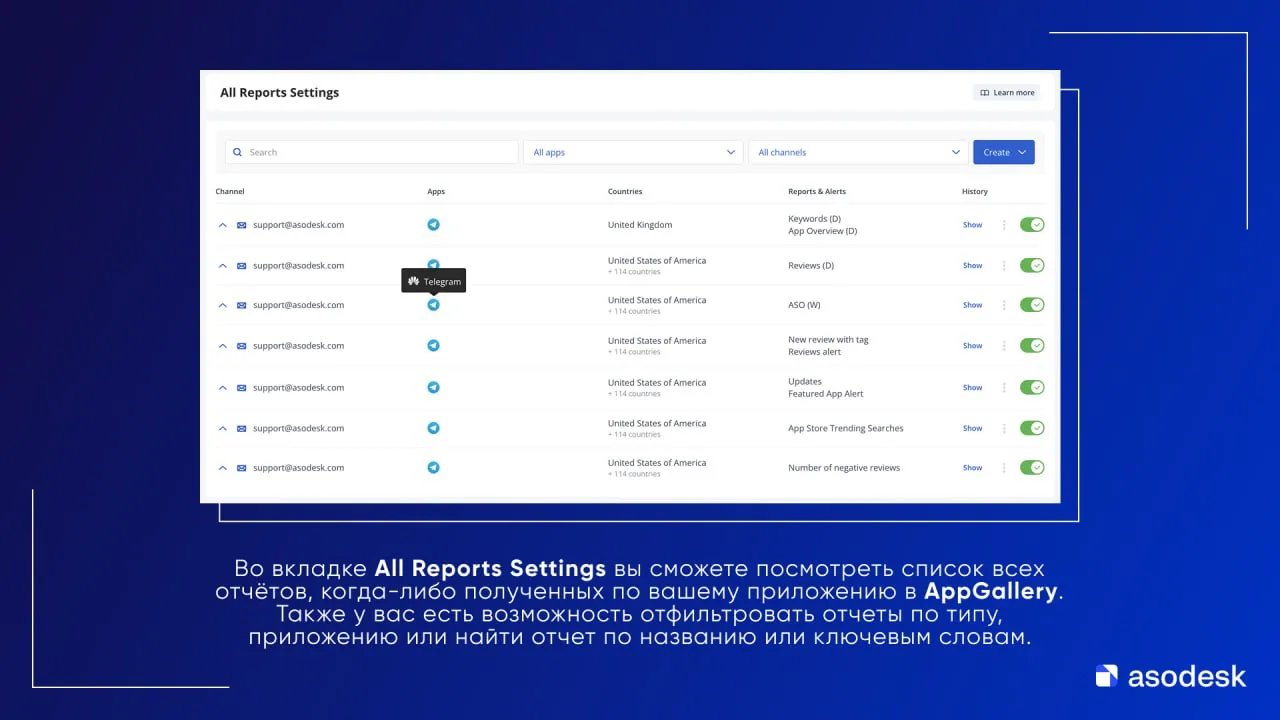 Dashboard screen showing a list of app store reports and filters for managing report settings