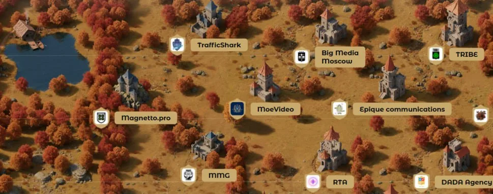 Abstract promotional graphic with logos and text related to digital media and communications