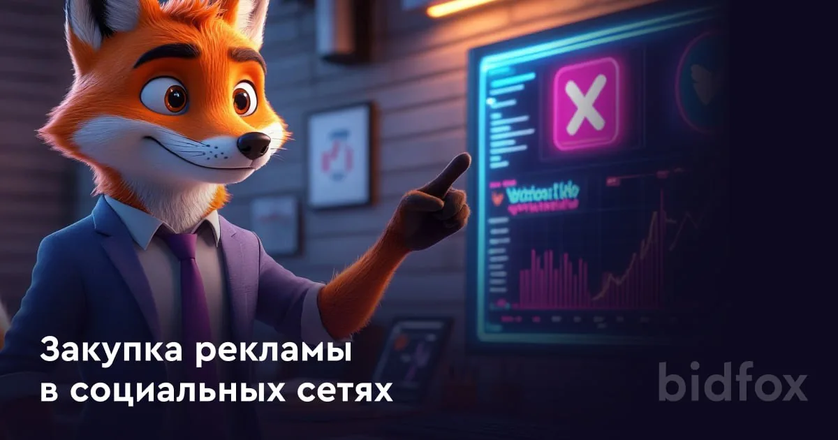 Animated fox in a suit pointing to a screen about buying ads on social networks, used for igaming creator compliance and acquisition context