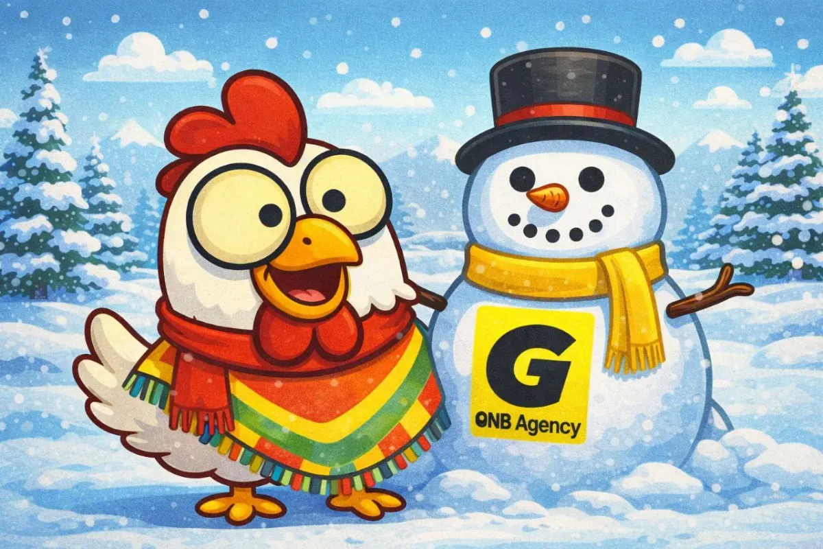 Cartoon winter scene with a rooster and a snowman wearing ONB Agency logo badge Cartoon winter scene with a rooster and a snowman wearing ONB Agency logo badge