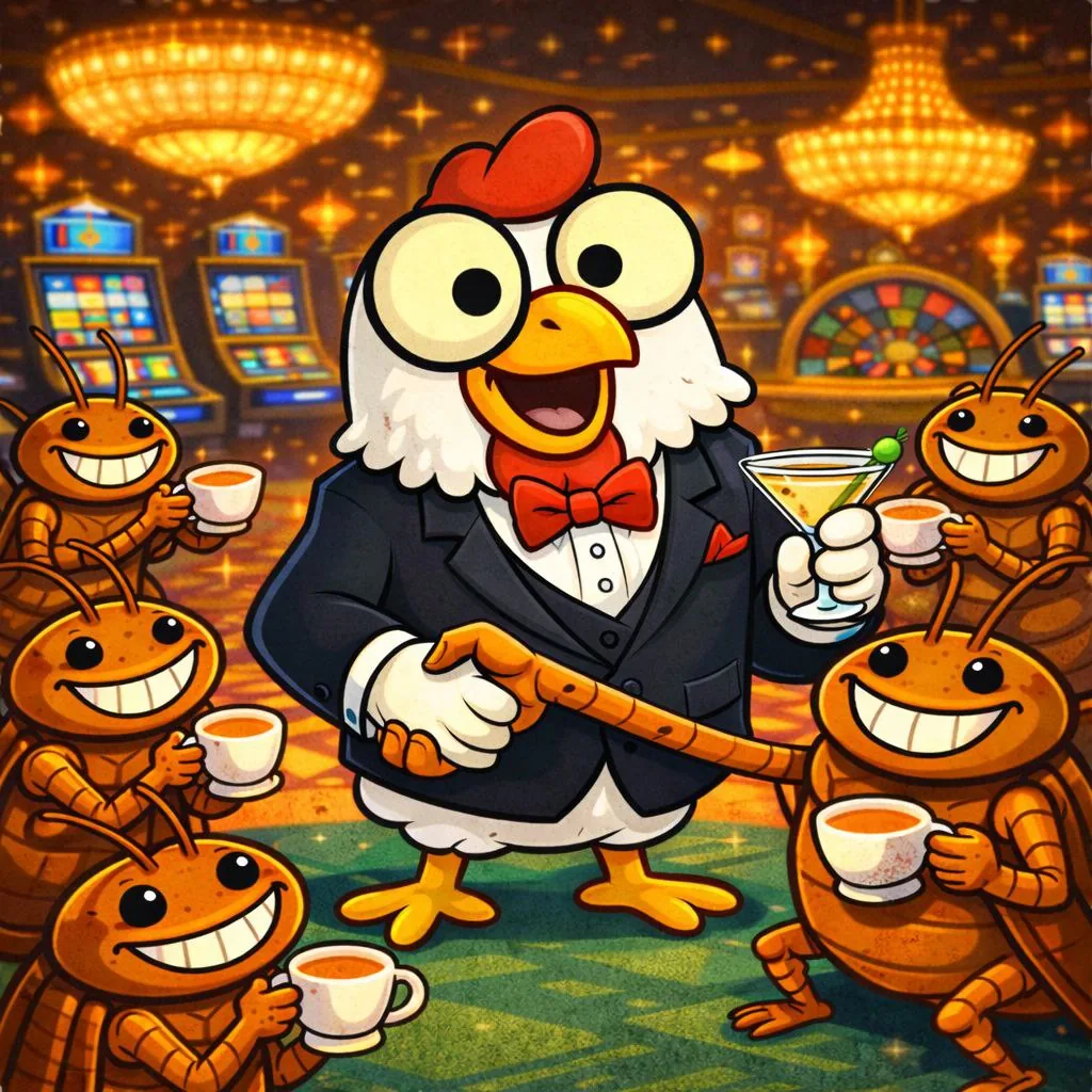 Cartoon rooster in a tuxedo hosting a casino-themed party with crab characters holding drinks Cartoon rooster in a tuxedo hosting a casino-themed party with crab characters holding drinks