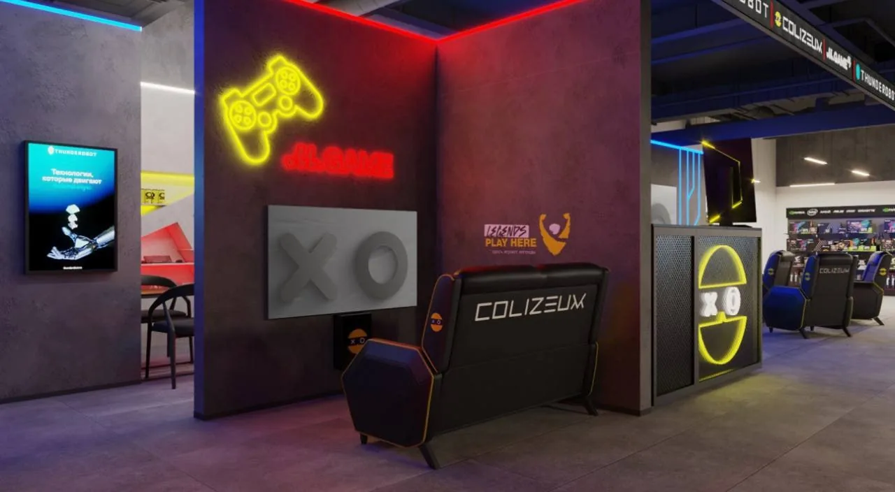 Gaming venue with COLIZEUM-branded chairs and neon signs suggesting a gaming and streaming environment