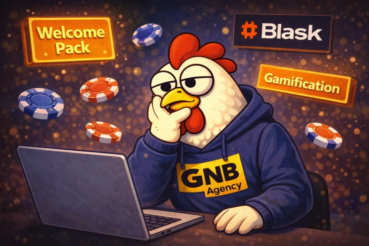 Cartoon chicken in a GNB Agency hoodie working at a laptop with poker chips and gamification terms in the background