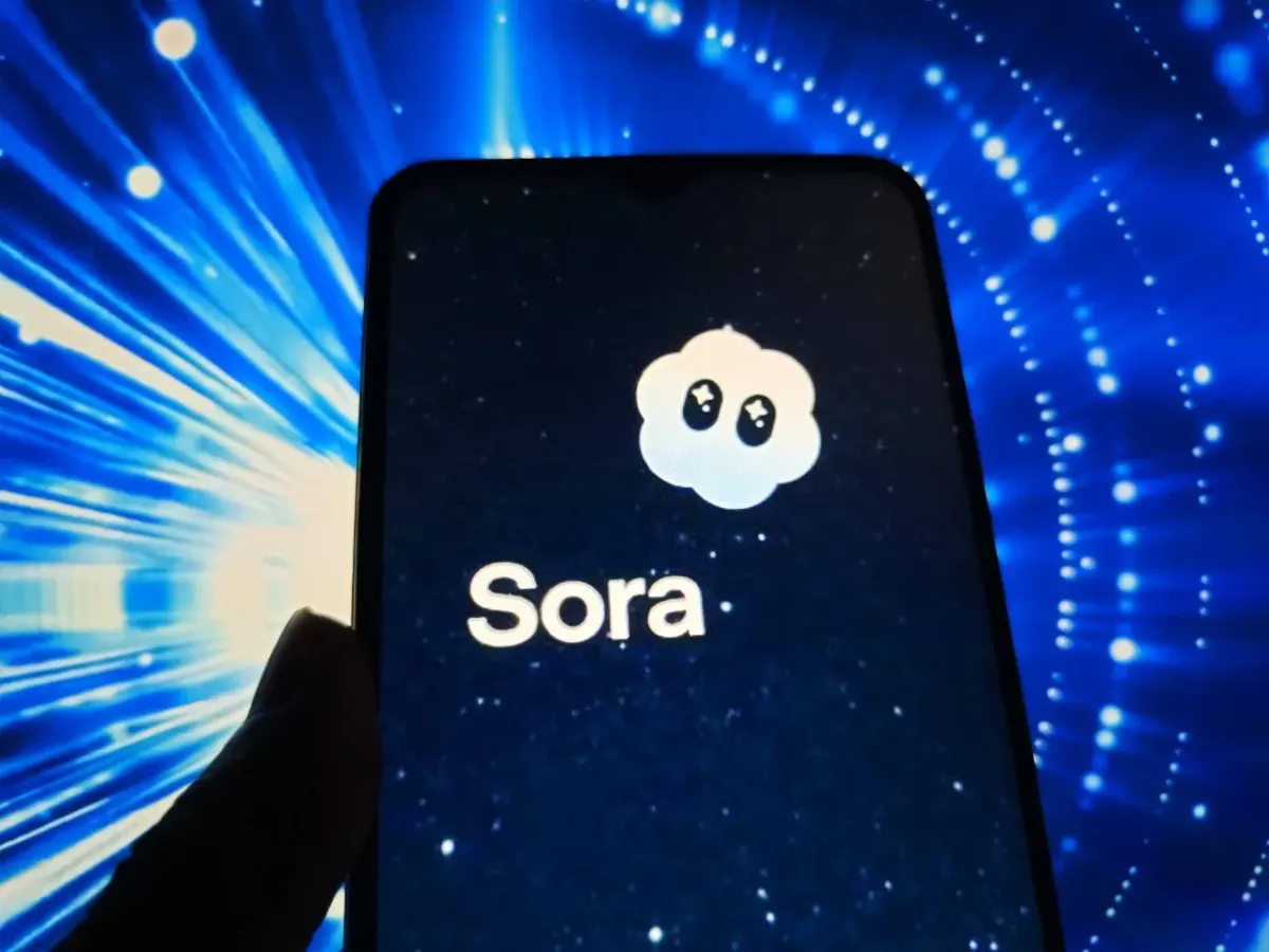 Hand holding a phone showing the Sora app logo, representing a mobile game launch under review
