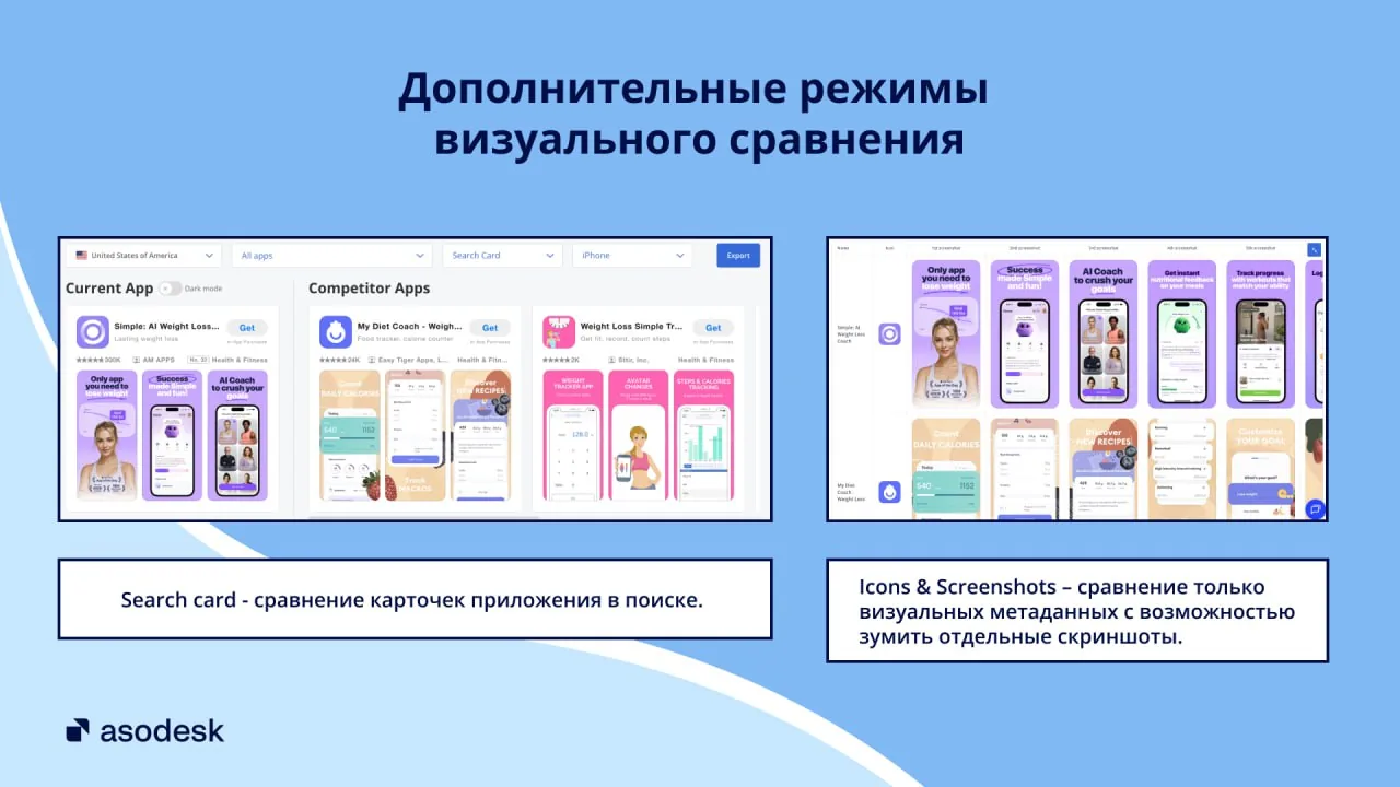 Comparison of current app and competitor apps in Asodesk interface focusing on icons, screenshots and search card visibility