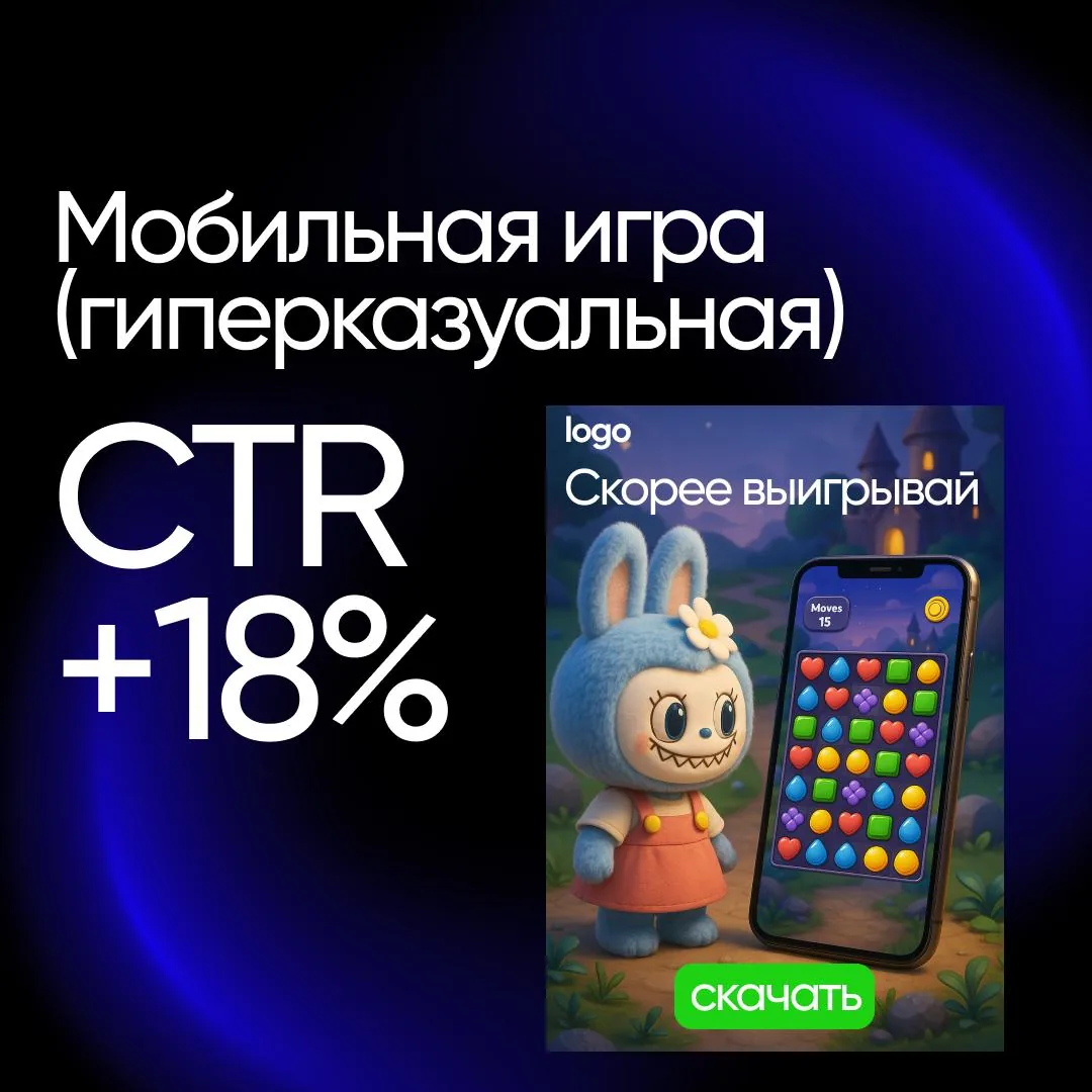 Cyrillic mobile game ad with bunny character and smartphone, referencing higher CTR for a hypercasual game download