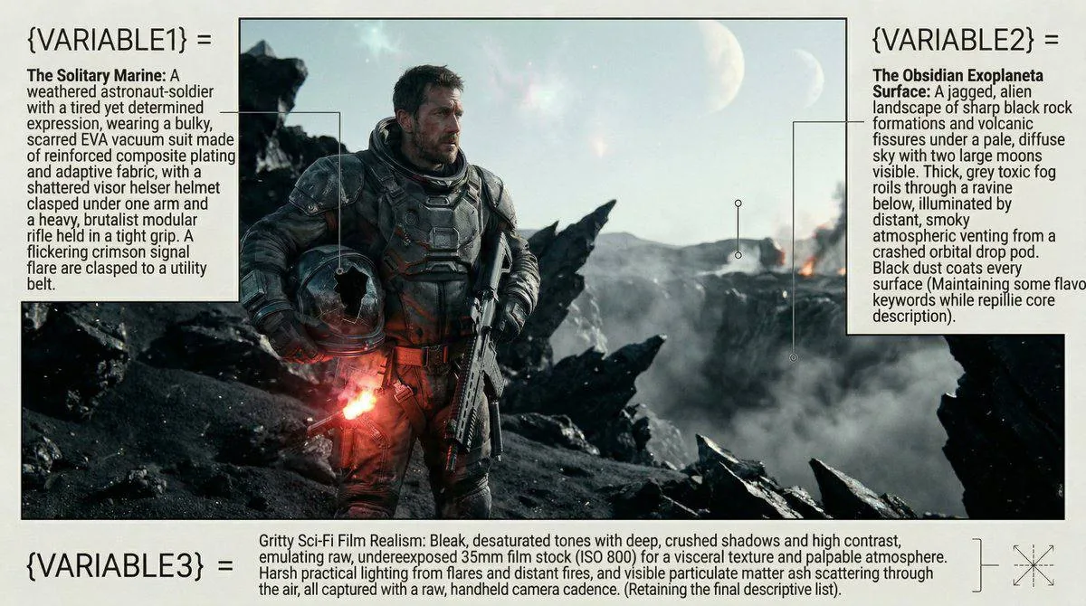 solitary astronaut on jagged alien landscape with visor damaged and toxic fog in the distance