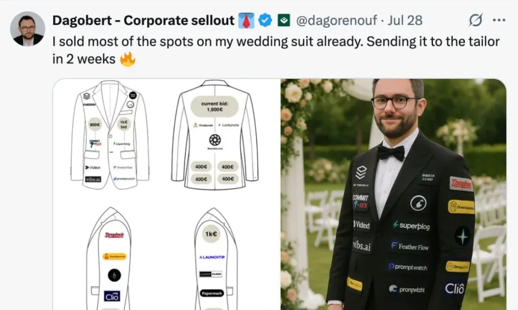Social media post about selling sponsorship spots on a wedding suit for a creative testing article Social media post about selling sponsorship spots on a wedding suit for a creative testing article