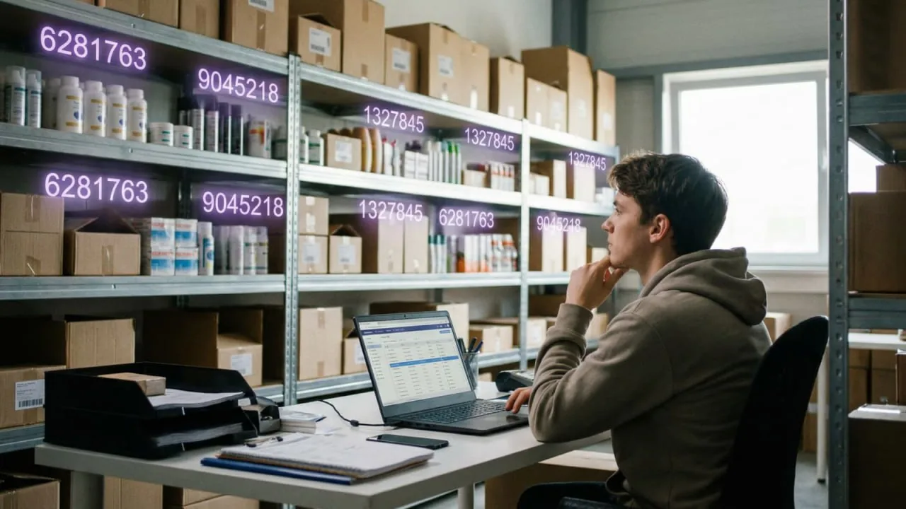 Person working on a laptop in a warehouse with product shelves and floating numeric data, suggesting data-driven performance work