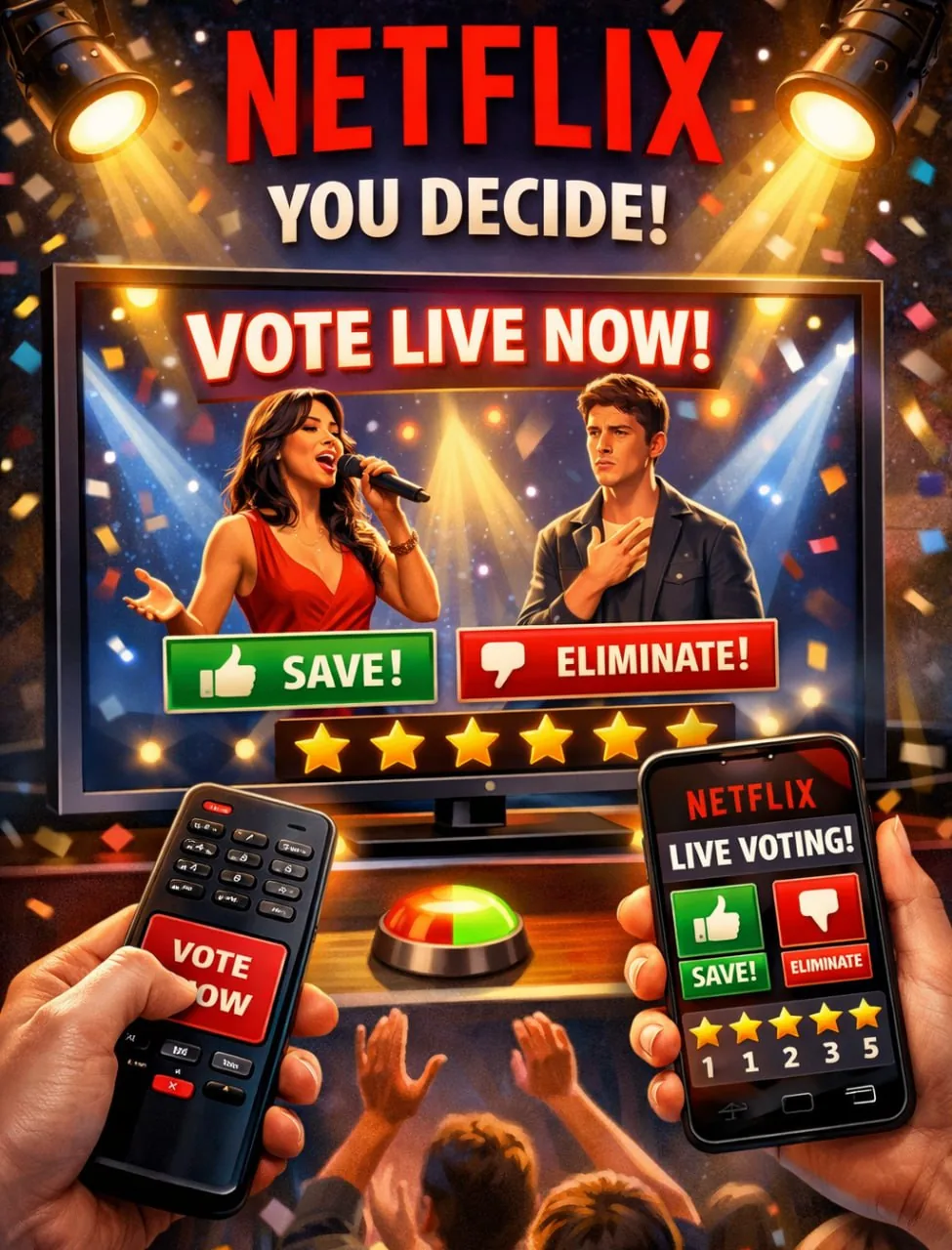 Audience using phones and remotes to vote live during an interactive Netflix-style contest show