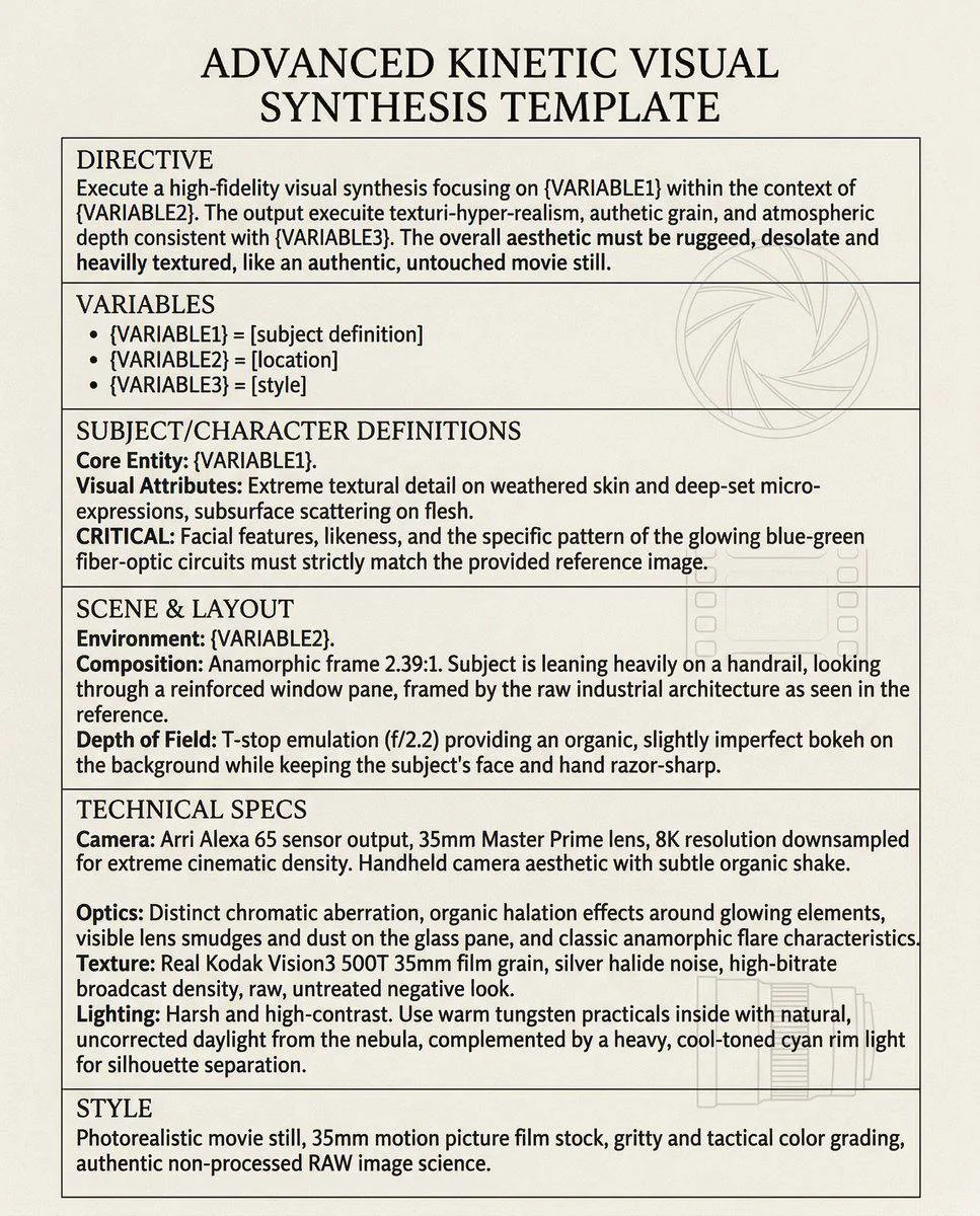 Portrait photo with dense technical text about an advanced kinetic visual synthesis template directive