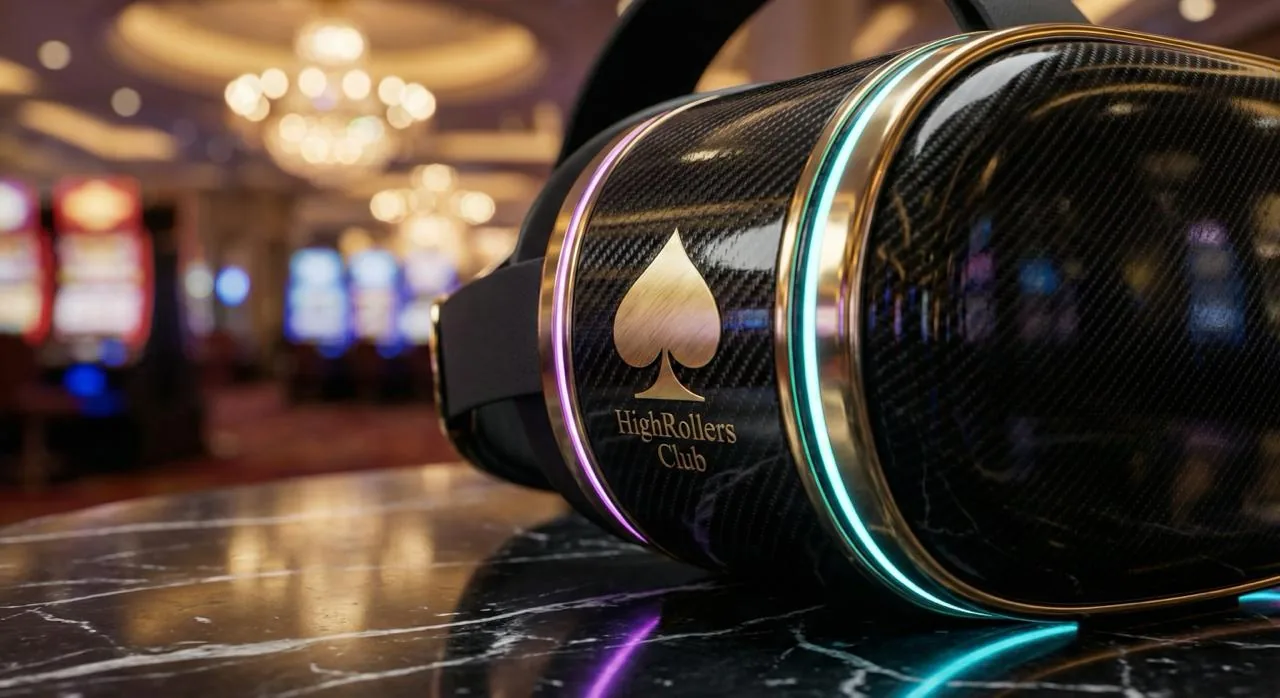 HighRollers Club branded headset on a glossy surface in a casino-style setting