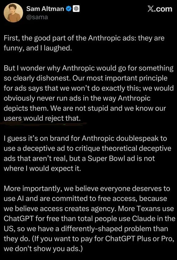 Screenshot of a Sam Altman X.com post discussing Anthropic ads and AI access policies
