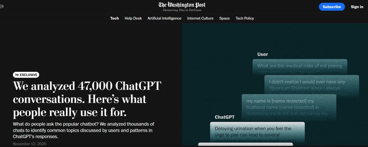Screenshot of a Washington Post tech help desk article about ChatGPT user questions and medical risks of delaying urination