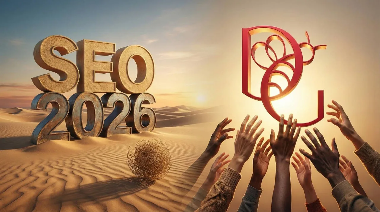 Hands reaching up toward large SEO 2026 text, symbolizing marketing goals and growth challenges